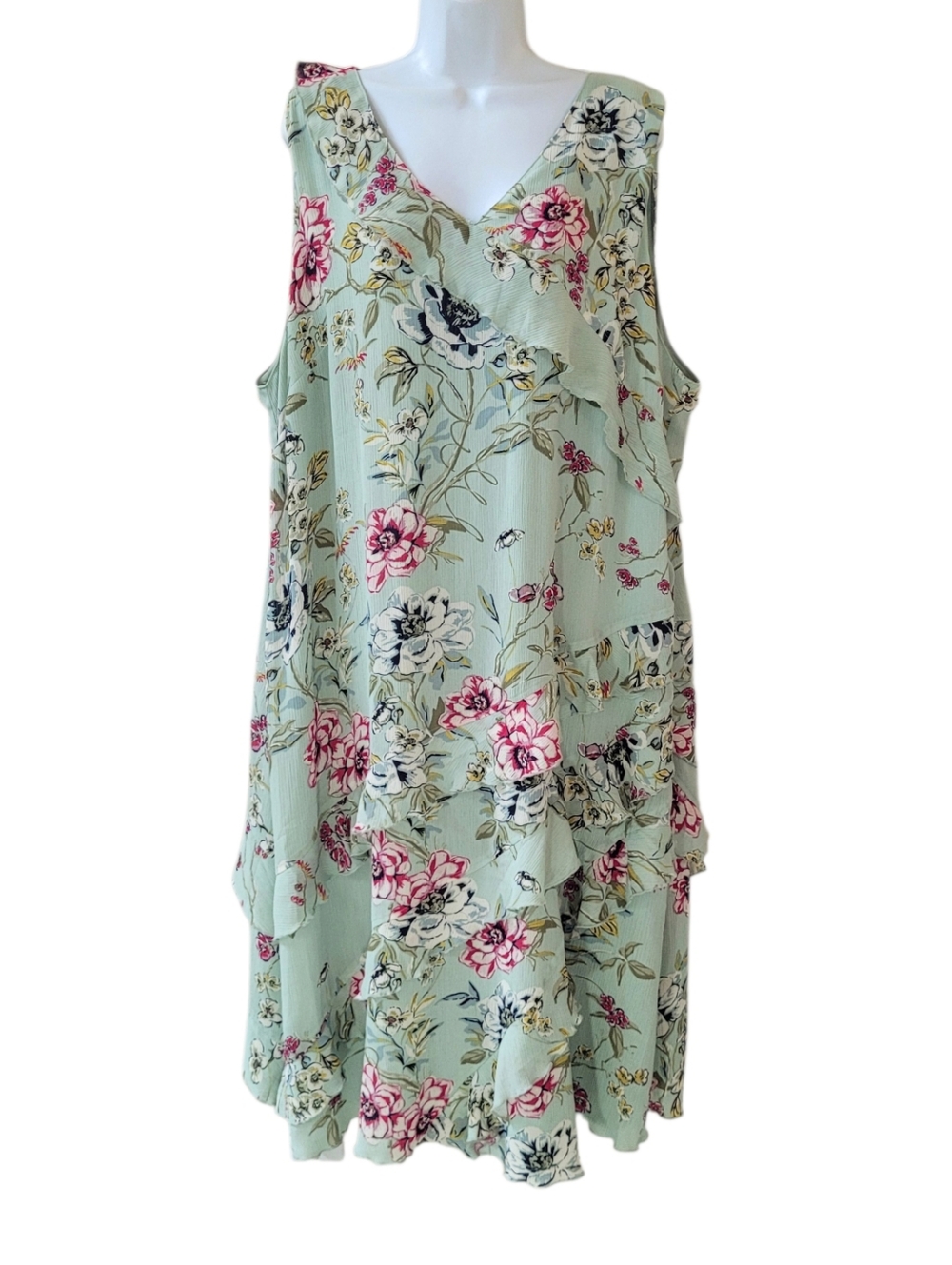 COLDWATER CREEK Sage Green Floral Sleeveless V-Neck Ruffled Midi Dress Size 3X